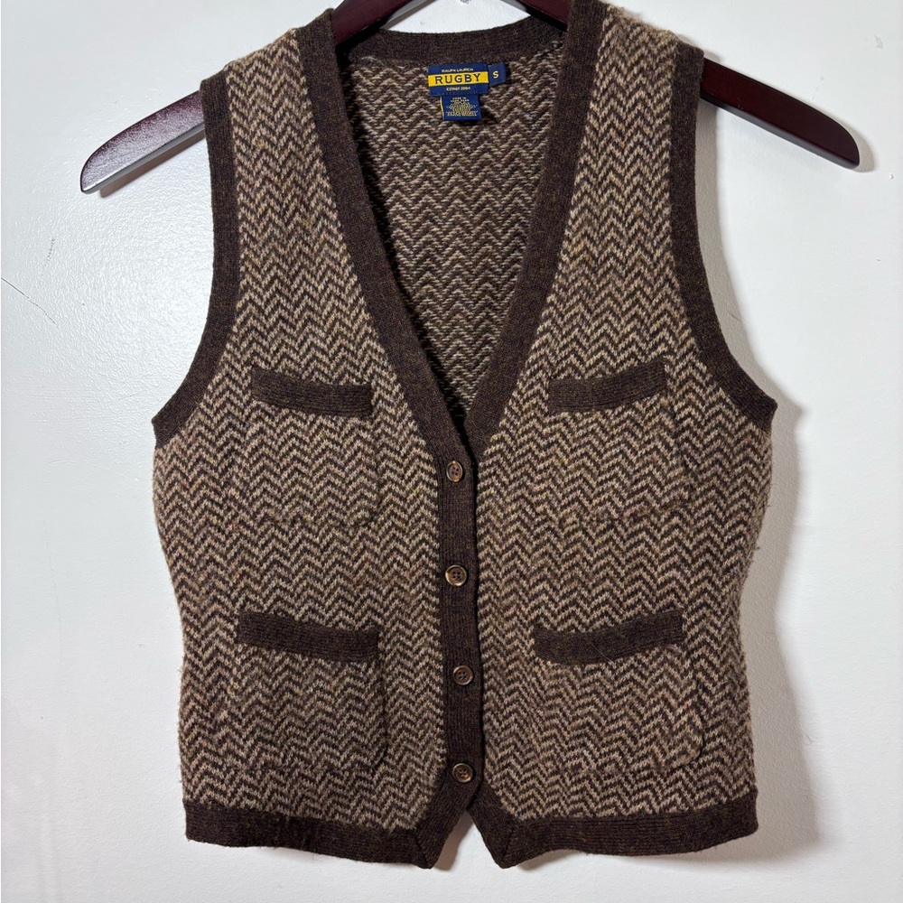 Ralph Lauren RUGBY Lambswool Herringbone Vest Small Brown Wool Academic Preppy